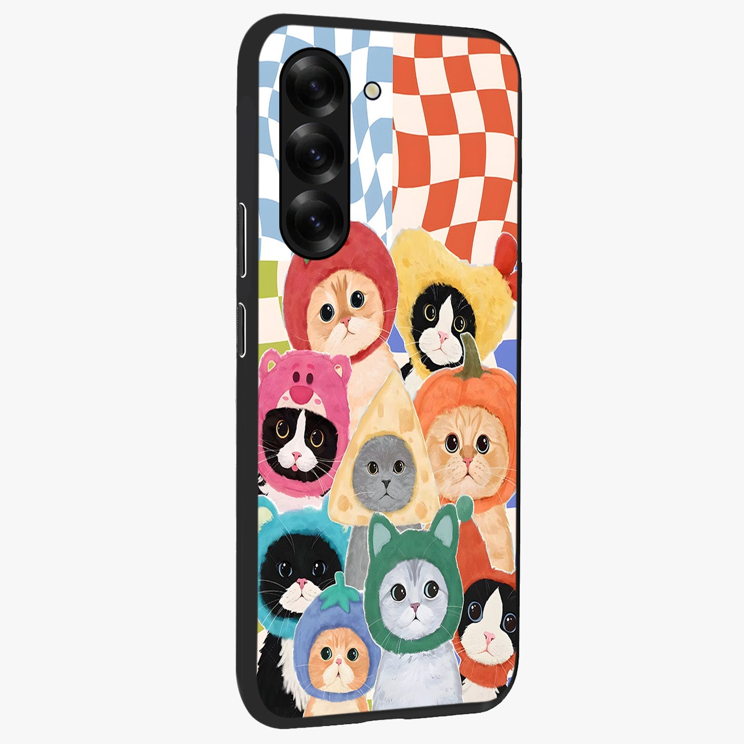 Cats in Fruits Glass Case upright view showcasing charming cat artwork with fun fruity theme.