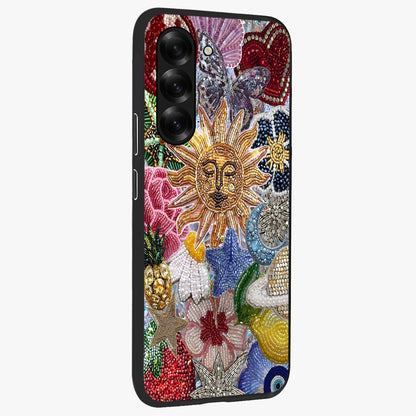 Celestial Floral and Playful Glass Case upright view showcasing whimsical floral artwork with cosmic aesthetic theme.