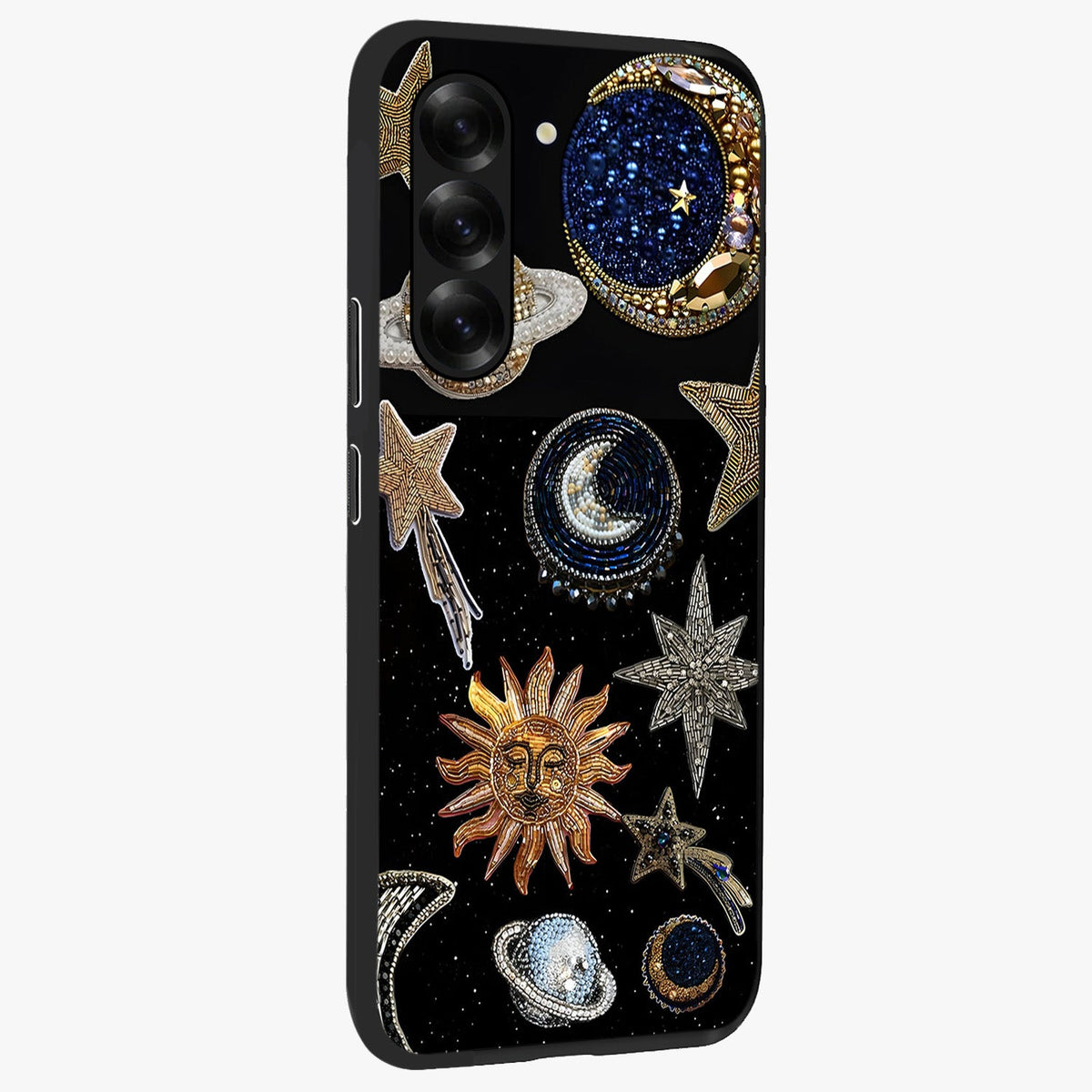 Celestial Gem Constellations Glass Case upright view showcasing cosmic constellation artwork with celestial aesthetic style.
