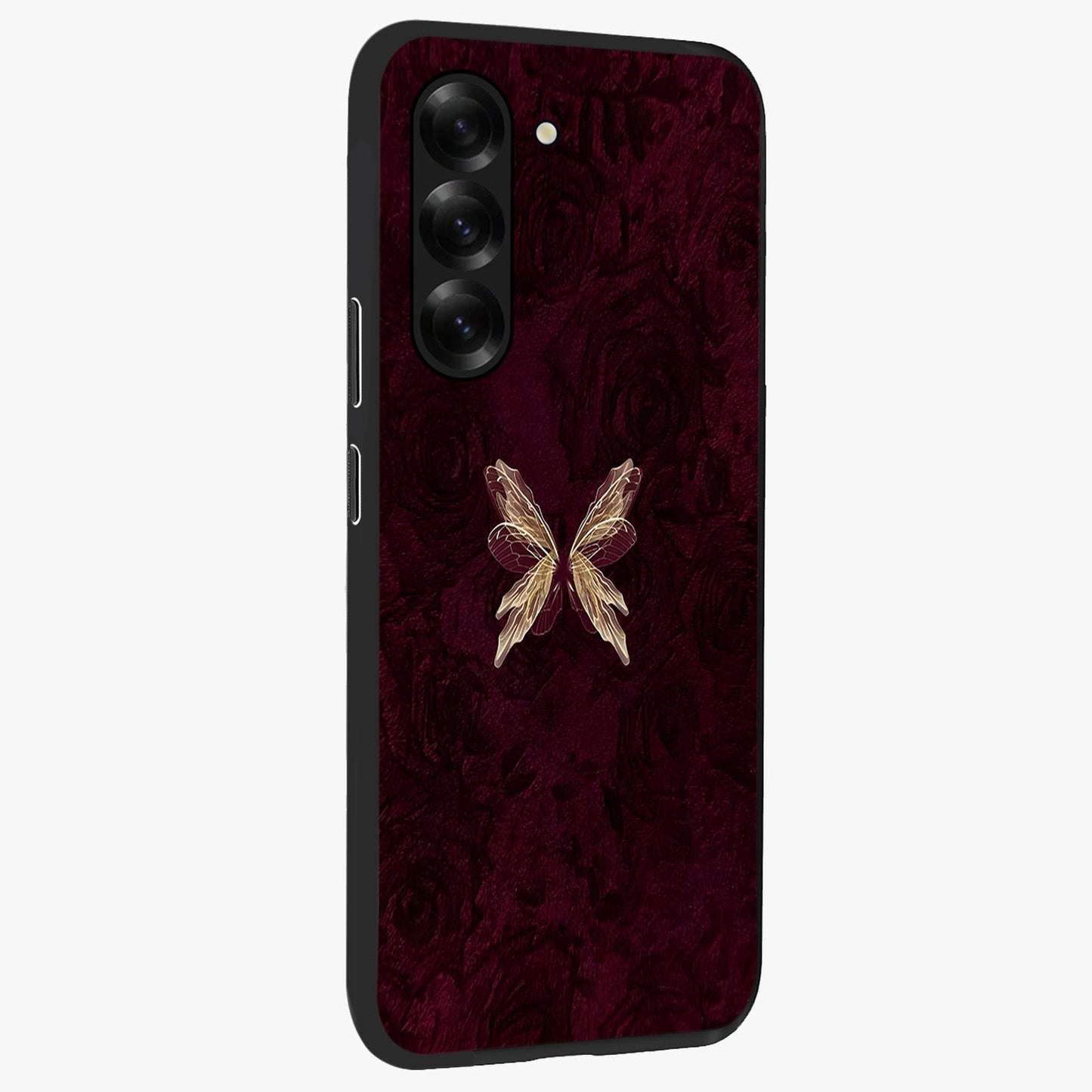 Crimson Fade Butterfly Glass Case upright view showcasing graceful butterfly artwork with soft crimson fade effect.