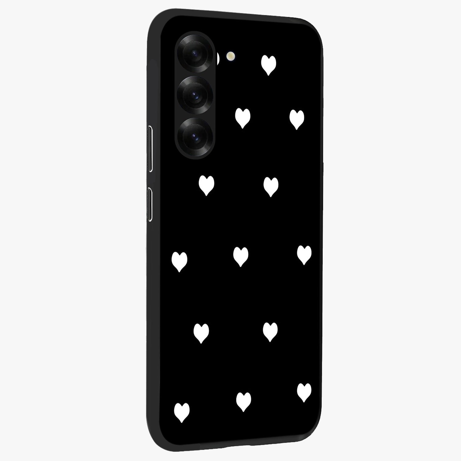 Cute And Simple White Hearts Glass Case upright view showcasing simple white hearts artwork with soft minimal theme.