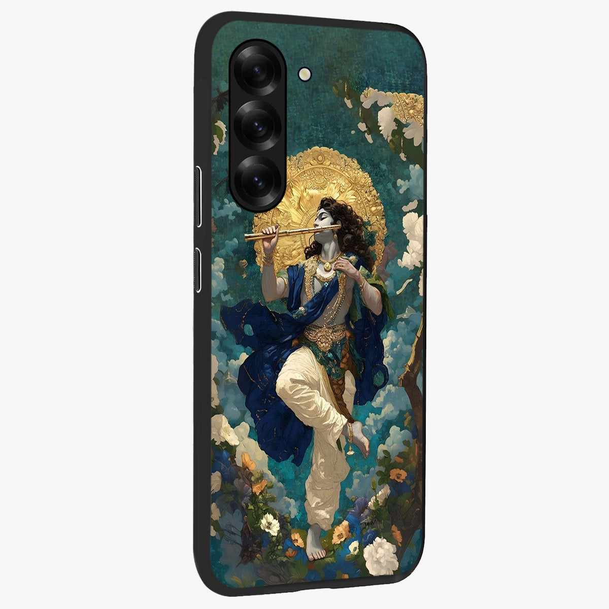 Divine Krishna Art Glass Case upright view showcasing divine Krishna artwork with sacred artistic theme.