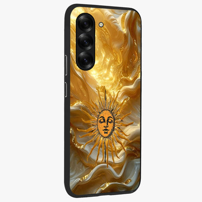 Eternal Golden Glow Glass Case upright view showcasing luminous golden artwork with luxurious visual theme.