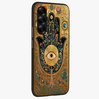 Ethereal Evil Eye Glass Case upright view showcasing celestial evil eye artwork with mystical theme.