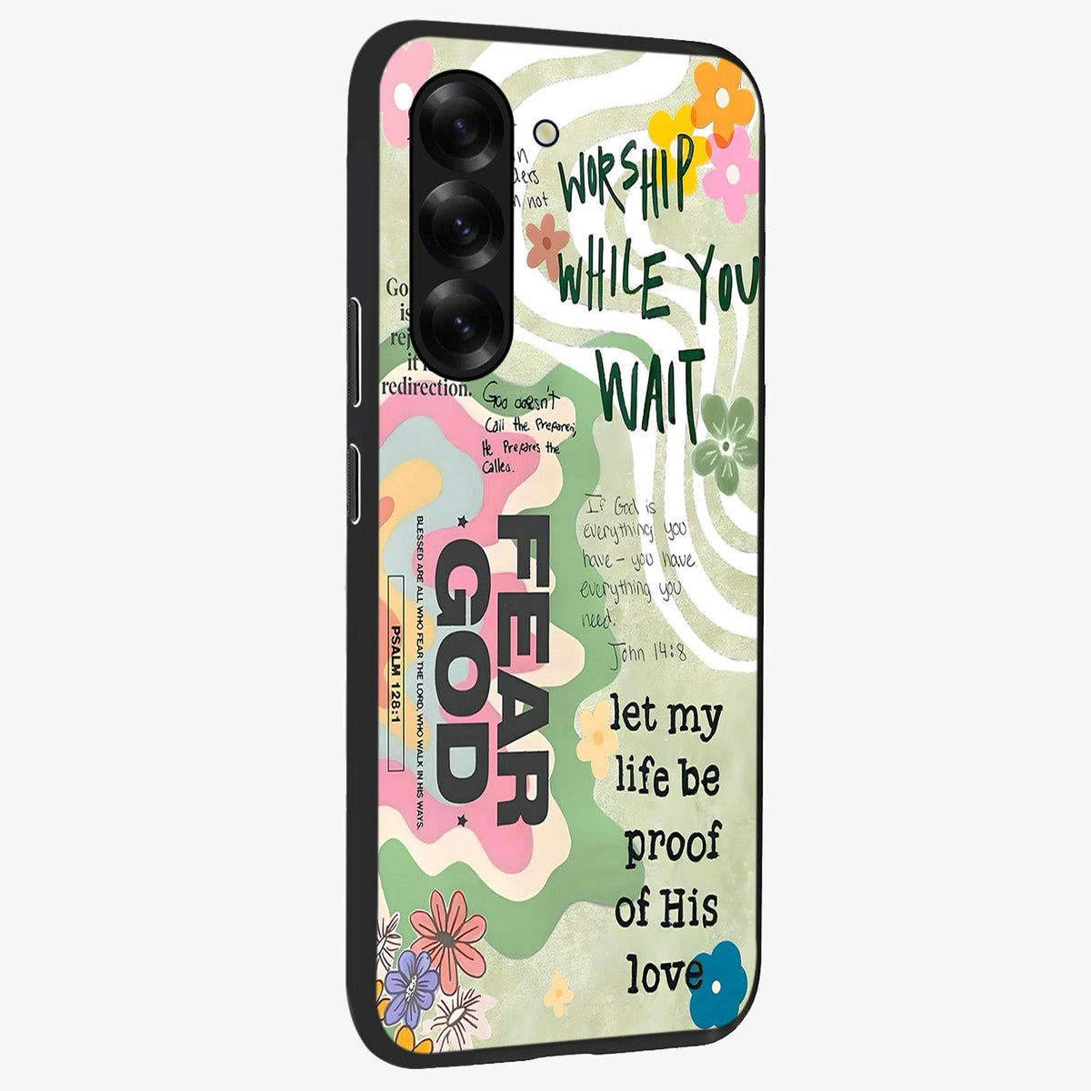 Faith Over Fear Glass Case upright view showcasing bold typography artwork with uplifting motivational theme.