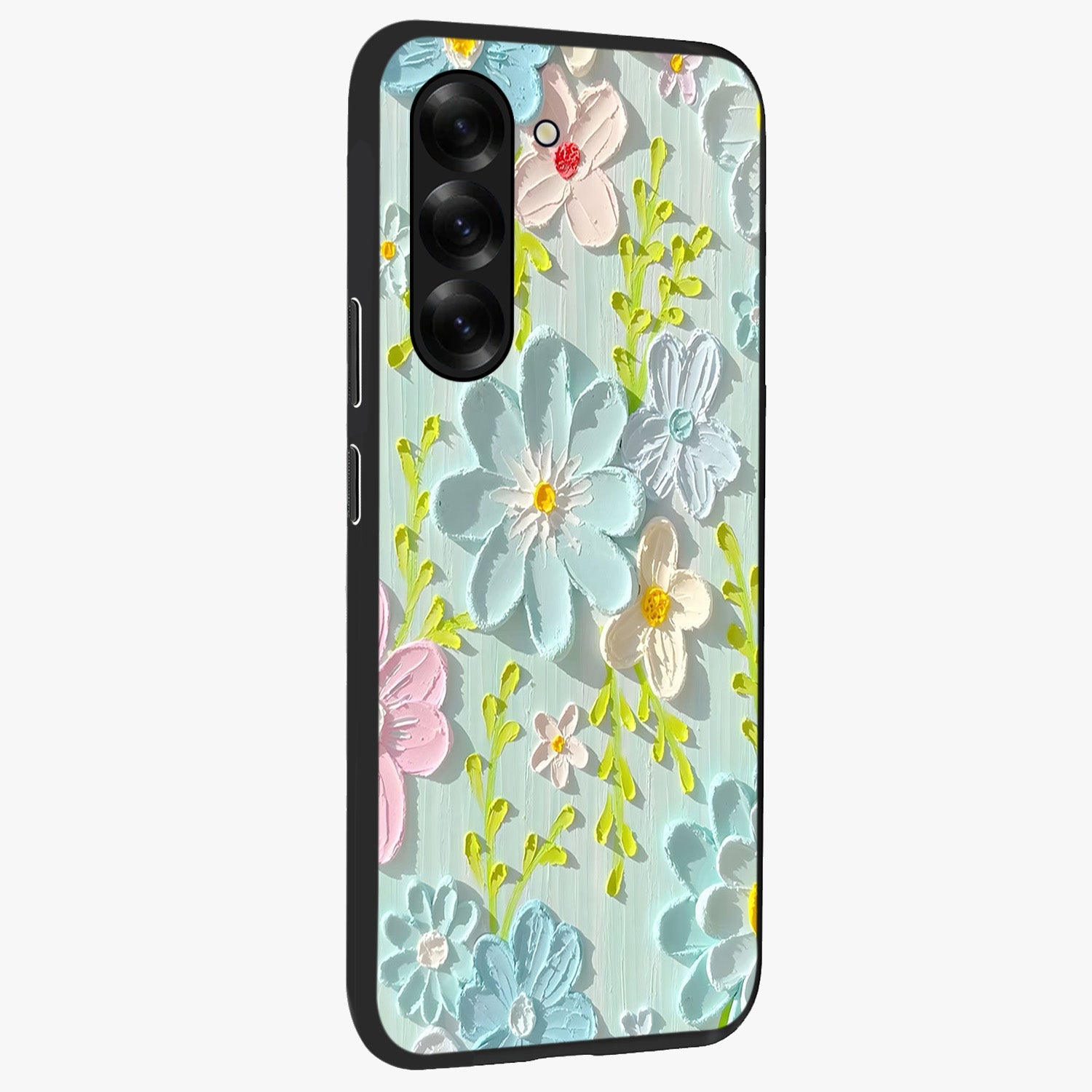 Frosted Petal Garden Glass Case upright view showcasing elegant floral garden artwork with soothing pastel theme.