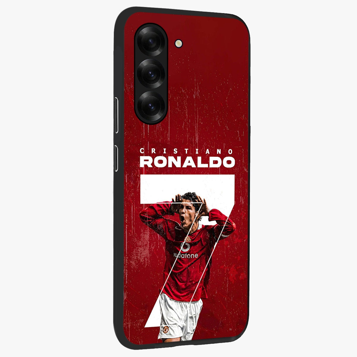 Goal Celebration Legacy Glass Case upright view showcasing dynamic football inspired artwork with victory celebration aesthetic.