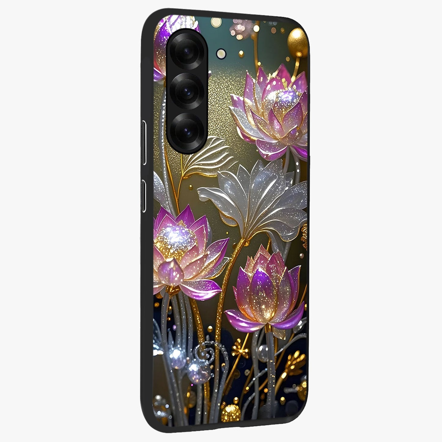 Golden Floral Majesty Glass Case upright view showcasing majestic floral artwork with rich decorative theme.