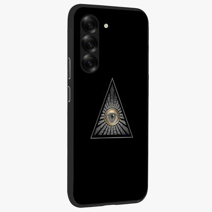 Illuminati Evil Glass Case upright view showcasing striking illuminati artwork with mysterious symbolic theme.