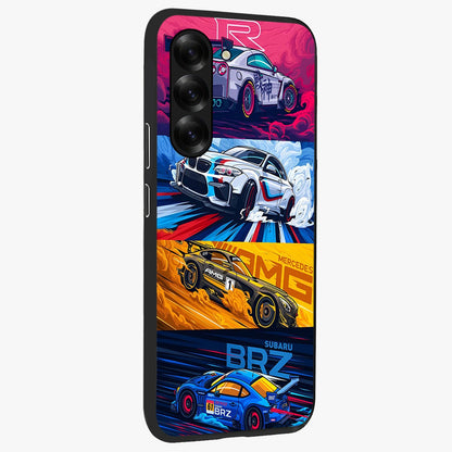 JDM Sports Car Glass Case upright view showcasing dynamic sports car artwork with bold racing theme.