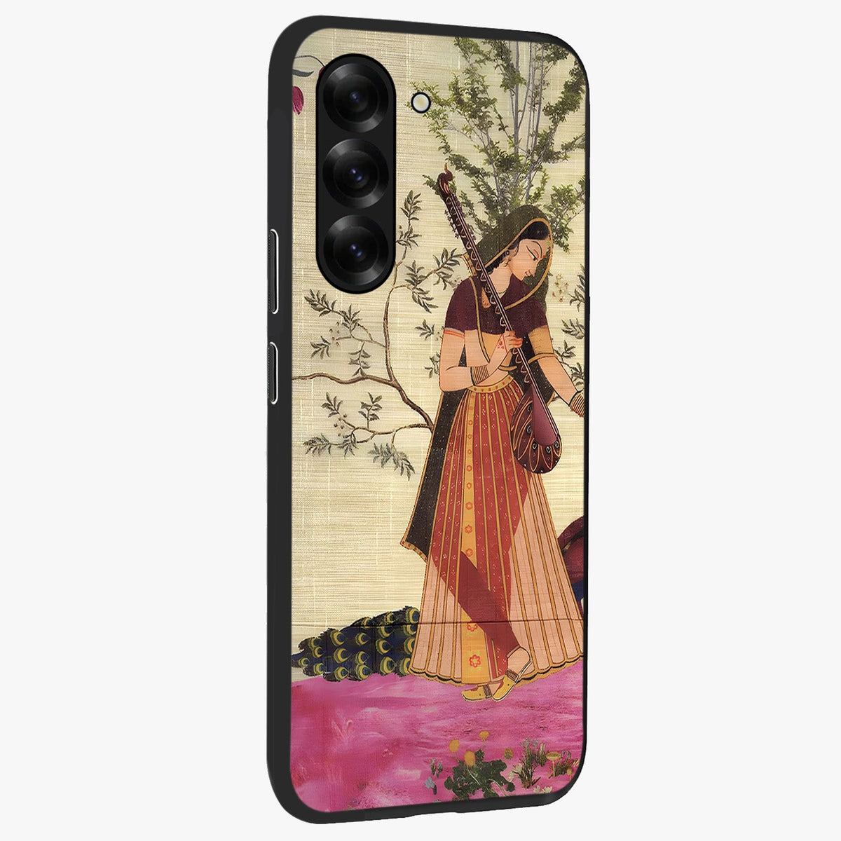Lady With Veena Art Glass Case upright view showcasing classical veena artwork with traditional artistic theme.