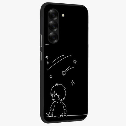 Line Art Boy With Shooting Stars Glass Case upright view showcasing artistic shooting star illustration with minimal style.