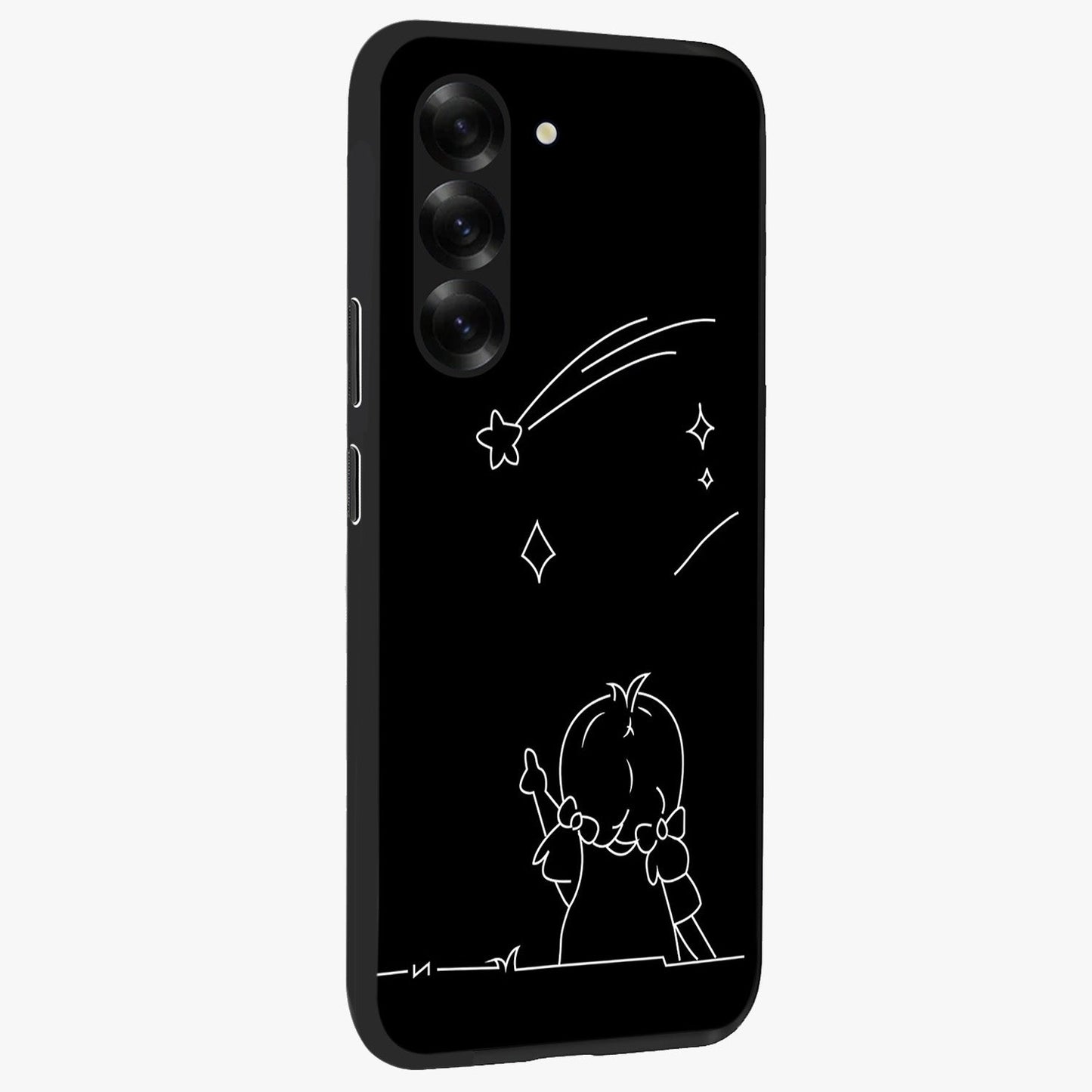 Line Art Girl With Shooting Stars Glass Case upright view showcasing delicate shooting stars artwork with minimal artistic theme.
