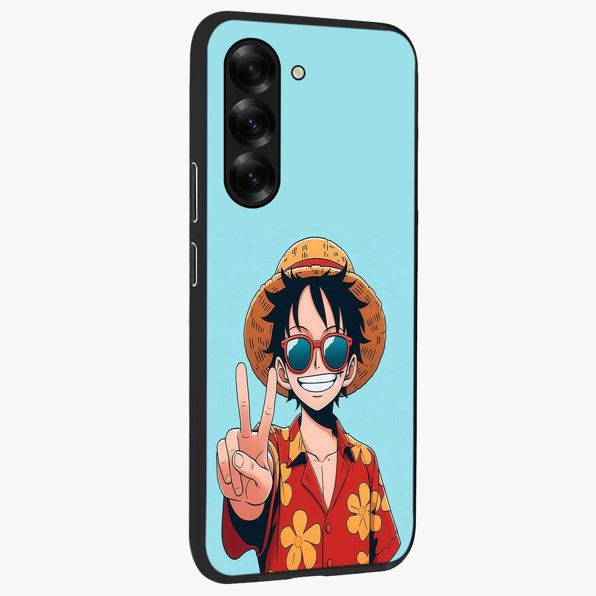 Luffy Summer Anime Vibe Glass Case upright view showcasing dynamic anime artwork with bright adventurous theme.