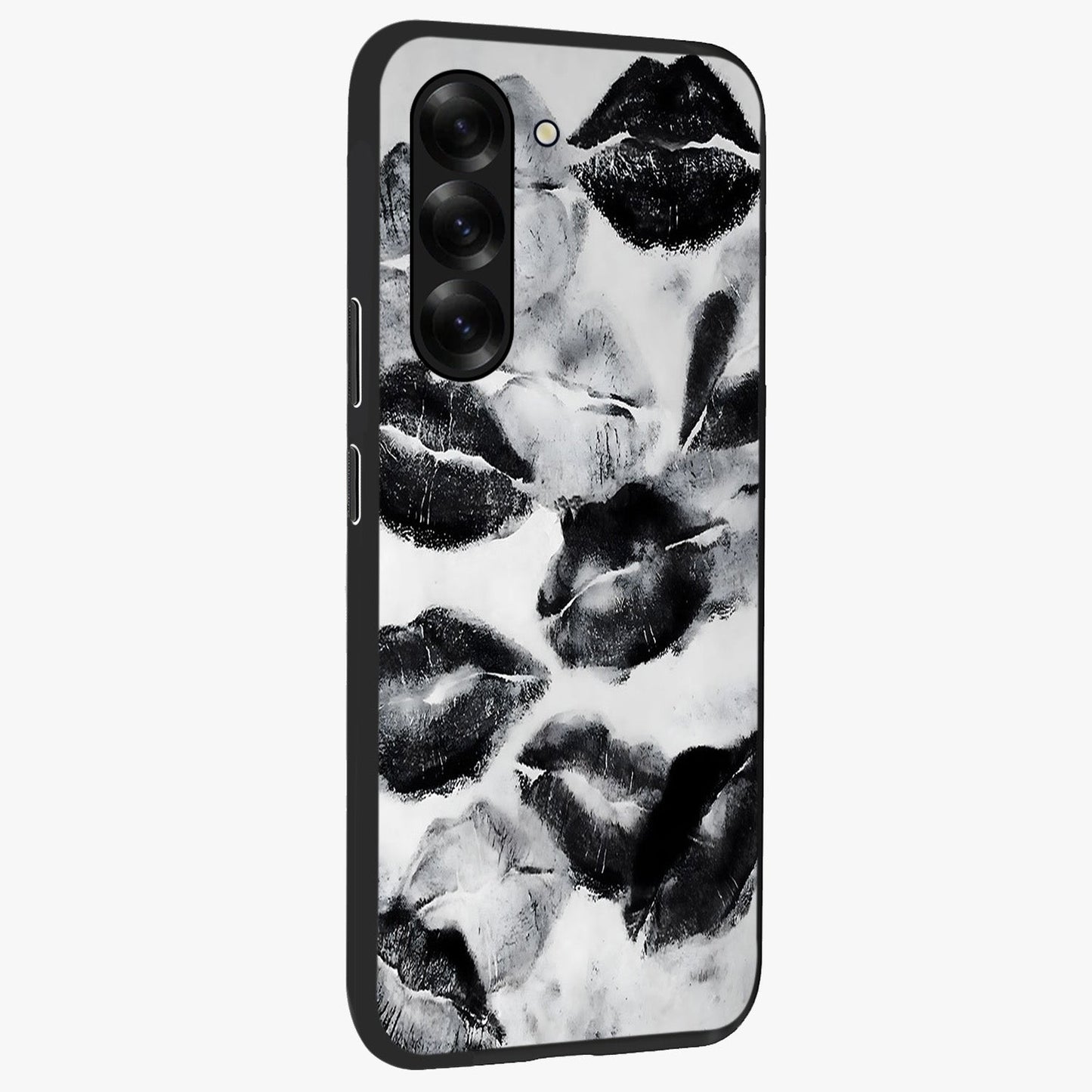 Midnight Kiss Marks Glass Case upright view showcasing stylish kiss mark artwork with trendy romantic theme.