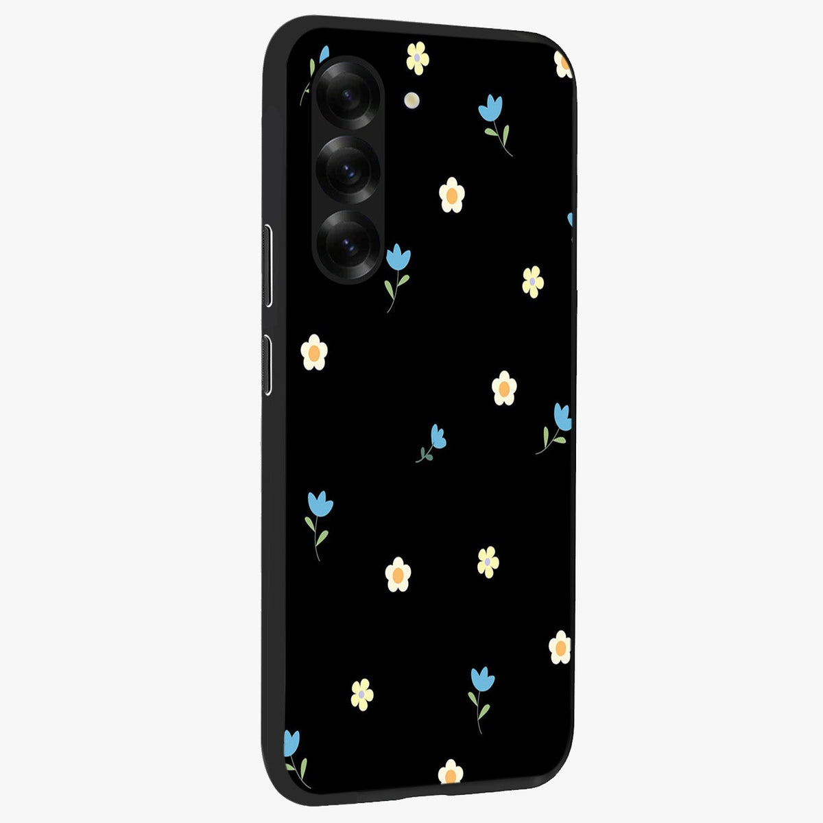Minimal Petal Whispers Glass Case upright view showcasing elegant floral artwork with modern minimalist style.