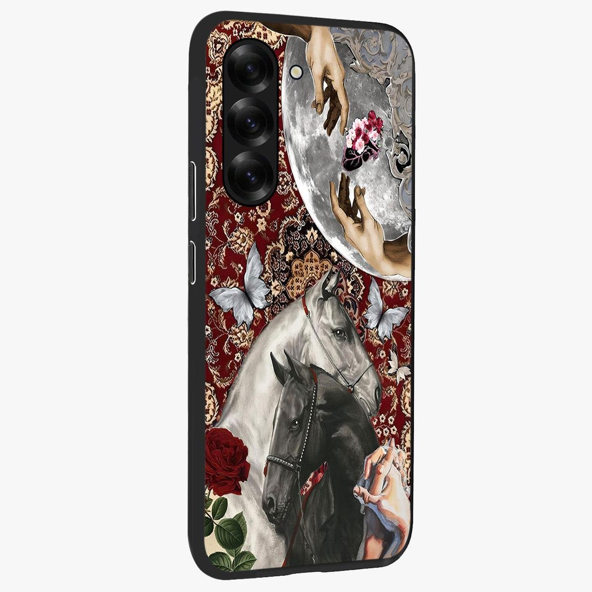Moonlit Royal Stallion Glass Case upright view showcasing dramatic horse artwork with glowing moon themed design.