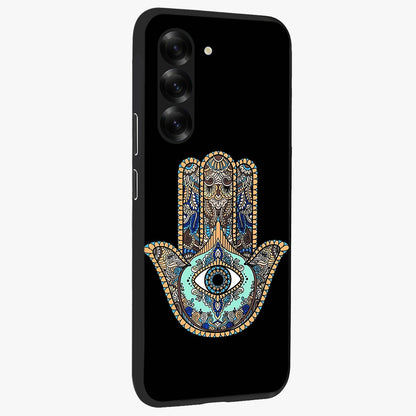 Mystic Hamsa Eye Glass Case upright view showcasing detailed hamsa eye artwork with protective spiritual theme.