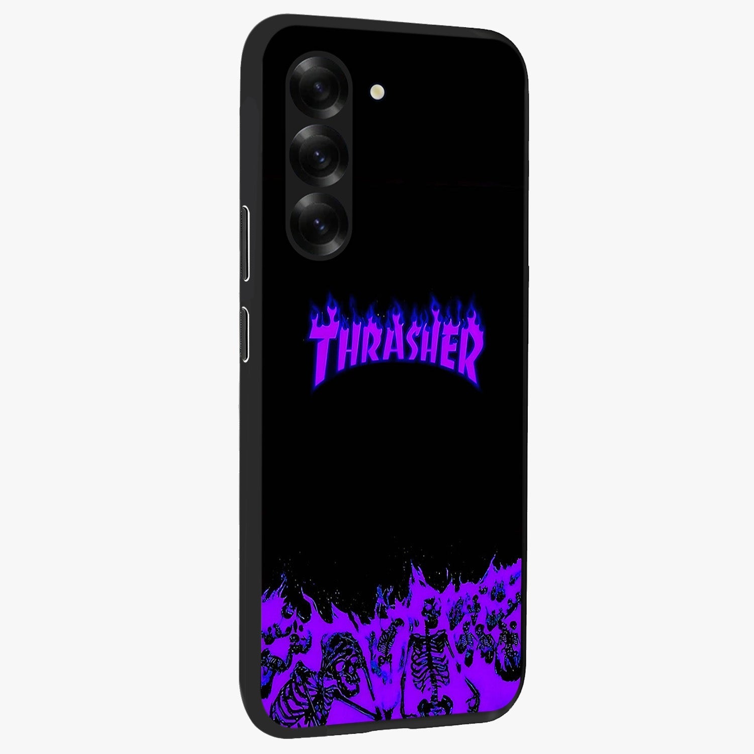 Neon Flame Riot Glass Case upright view showcasing dynamic flame artwork with energetic neon theme.