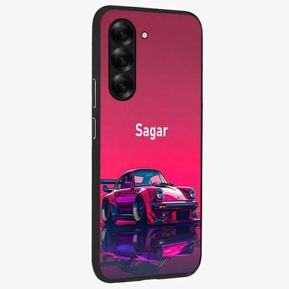 Neon Pink Porsche Glass Case upright view showcasing vibrant sports car artwork with bold automotive theme.