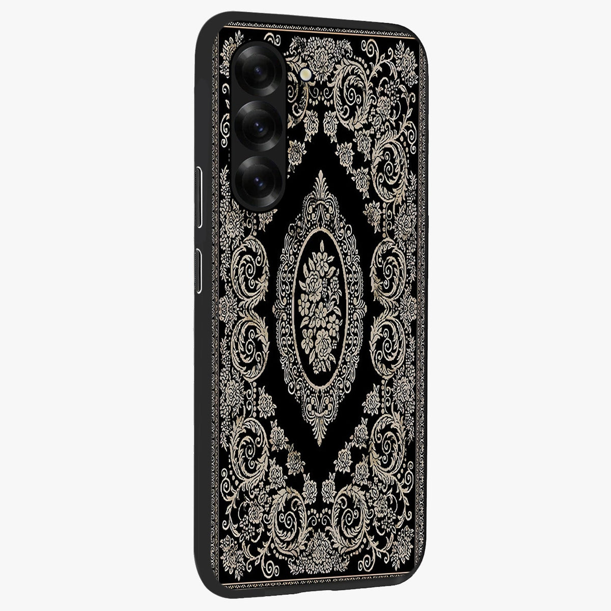 Noir Bloom Elegance Glass Case upright view showcasing graceful floral artwork with luxurious dark theme.