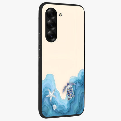 Ocean Drift Turtle Glass Case upright view showcasing calm underwater turtle artwork with nature inspired theme.