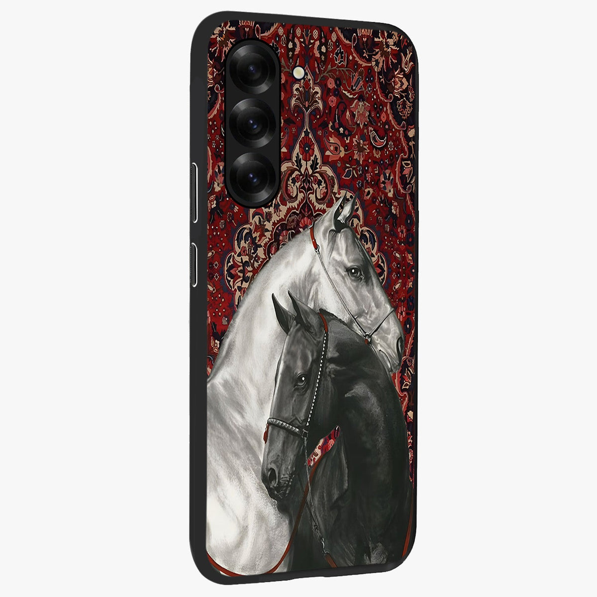 Regal Stallion Tapestry Glass Case upright view showcasing powerful horse artwork with elegant tapestry theme.