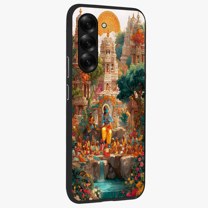 Sacred Sunlight Gods Glass Case upright view showcasing glowing divine artwork with sacred mythological theme.