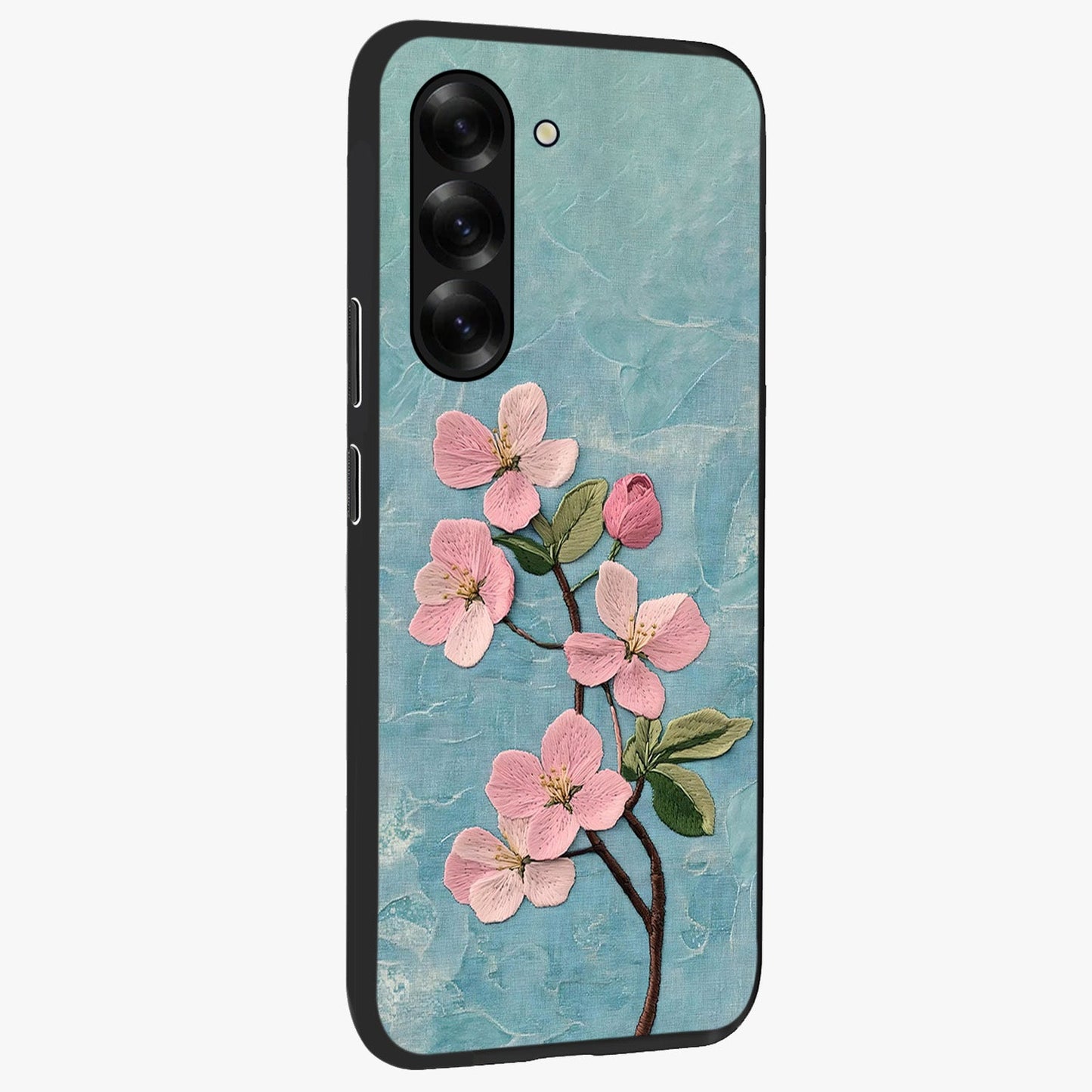 Threaded Blossom Breeze Glass Case upright view showcasing graceful flower artwork with calm botanical theme.