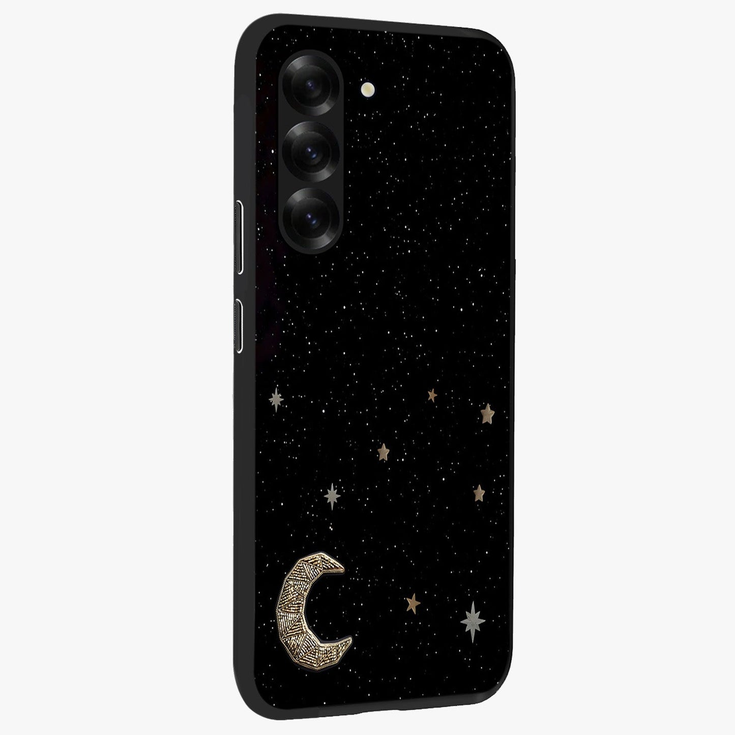 Twinkle Star With Half Moon Glass Case upright view showcasing glowing cosmic artwork with dreamy night theme.