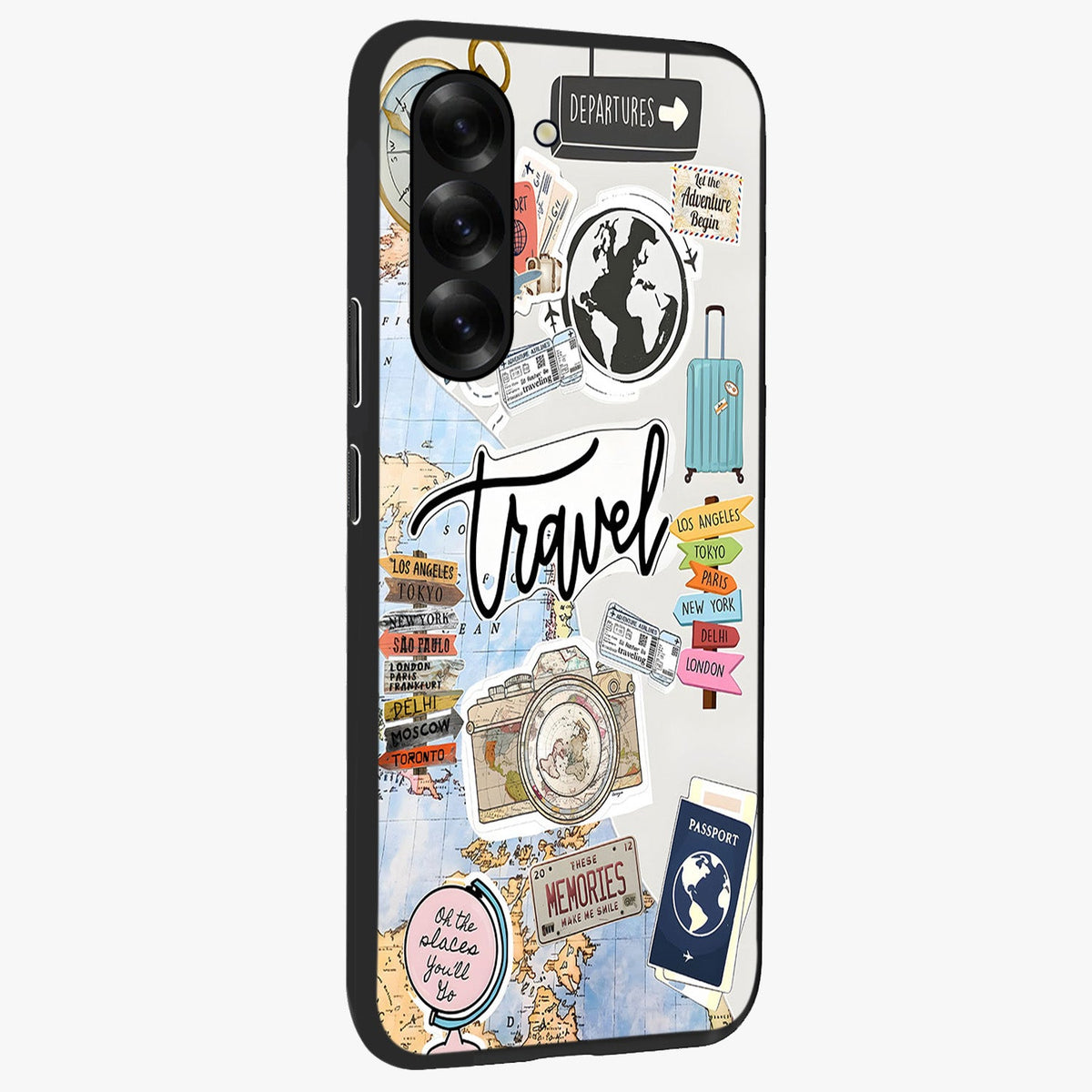 Wanderlust Journal Glass Case upright view showcasing wanderlust inspired artwork with creative exploration theme.