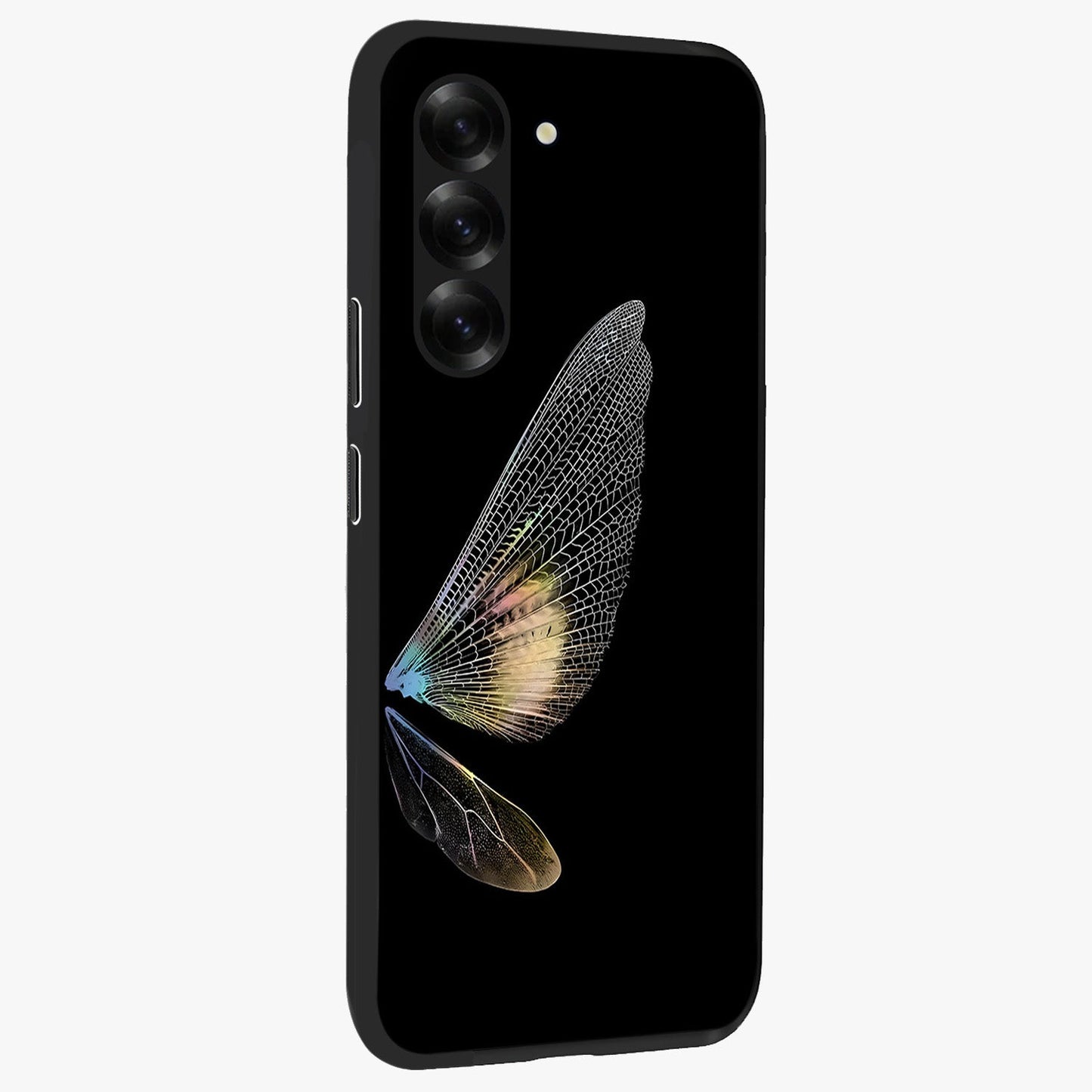 Whispers Of Wings Glass Case upright view showcasing elegant wing artwork with light airy theme.