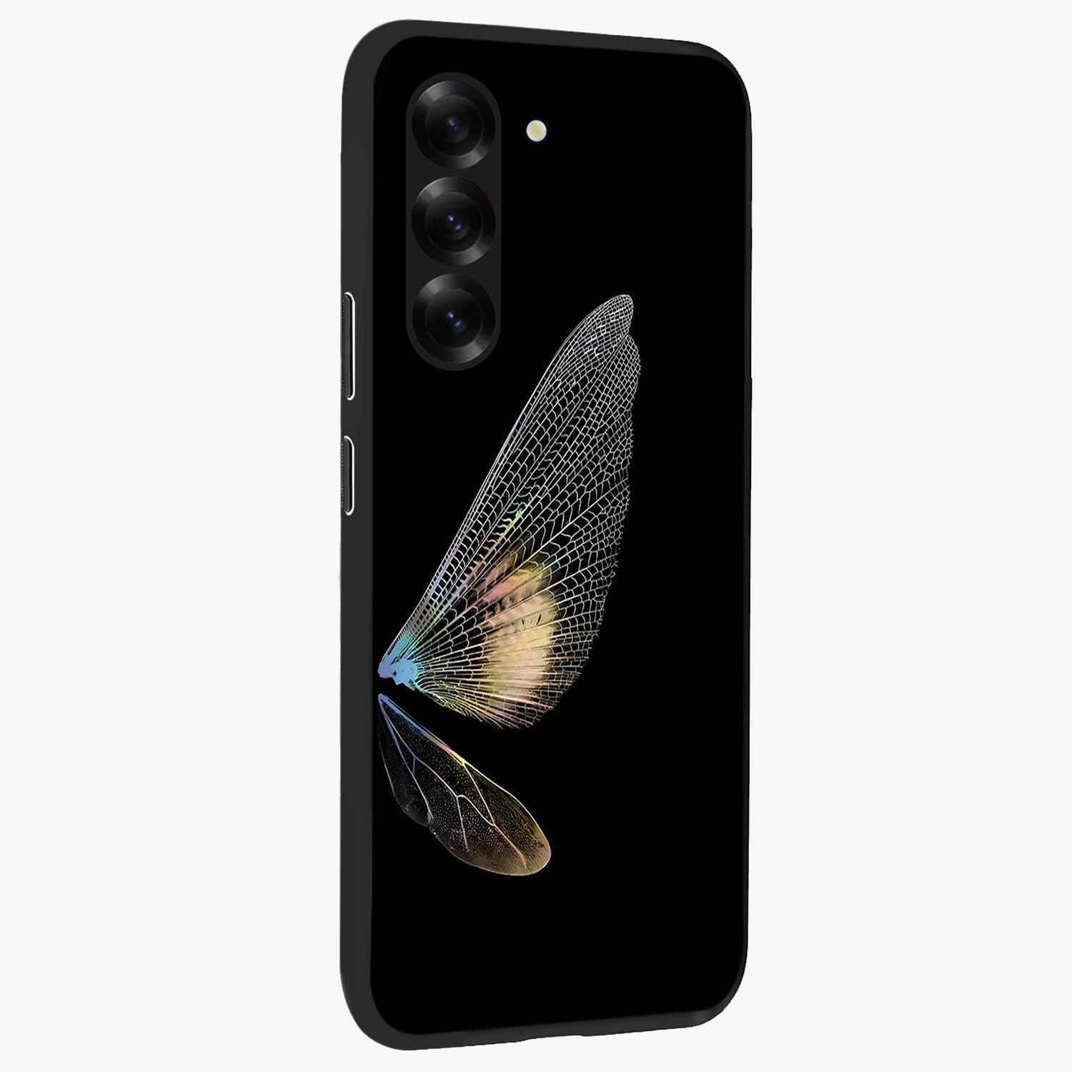 Whispers Of Wings Glass Case upright view showcasing elegant wing artwork with light airy theme.