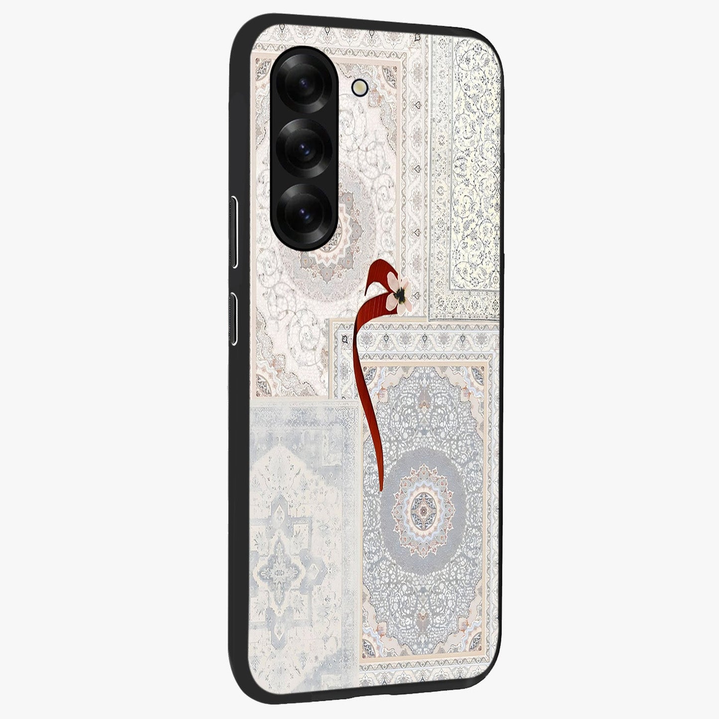 White Aesthetic Bow Glass Case upright view showcasing delicate ribbon bow artwork with cute minimalist theme.