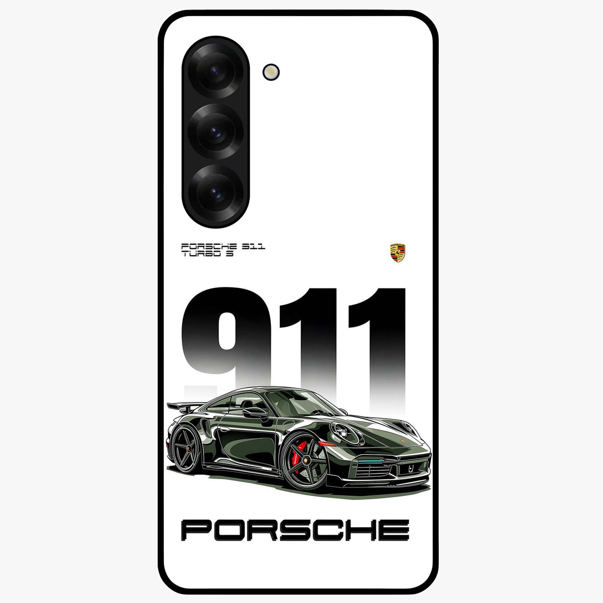 911 Turbo Dominance Glass Case showing clean flat back view with bold 911 sports car artwork and glossy glass finish.