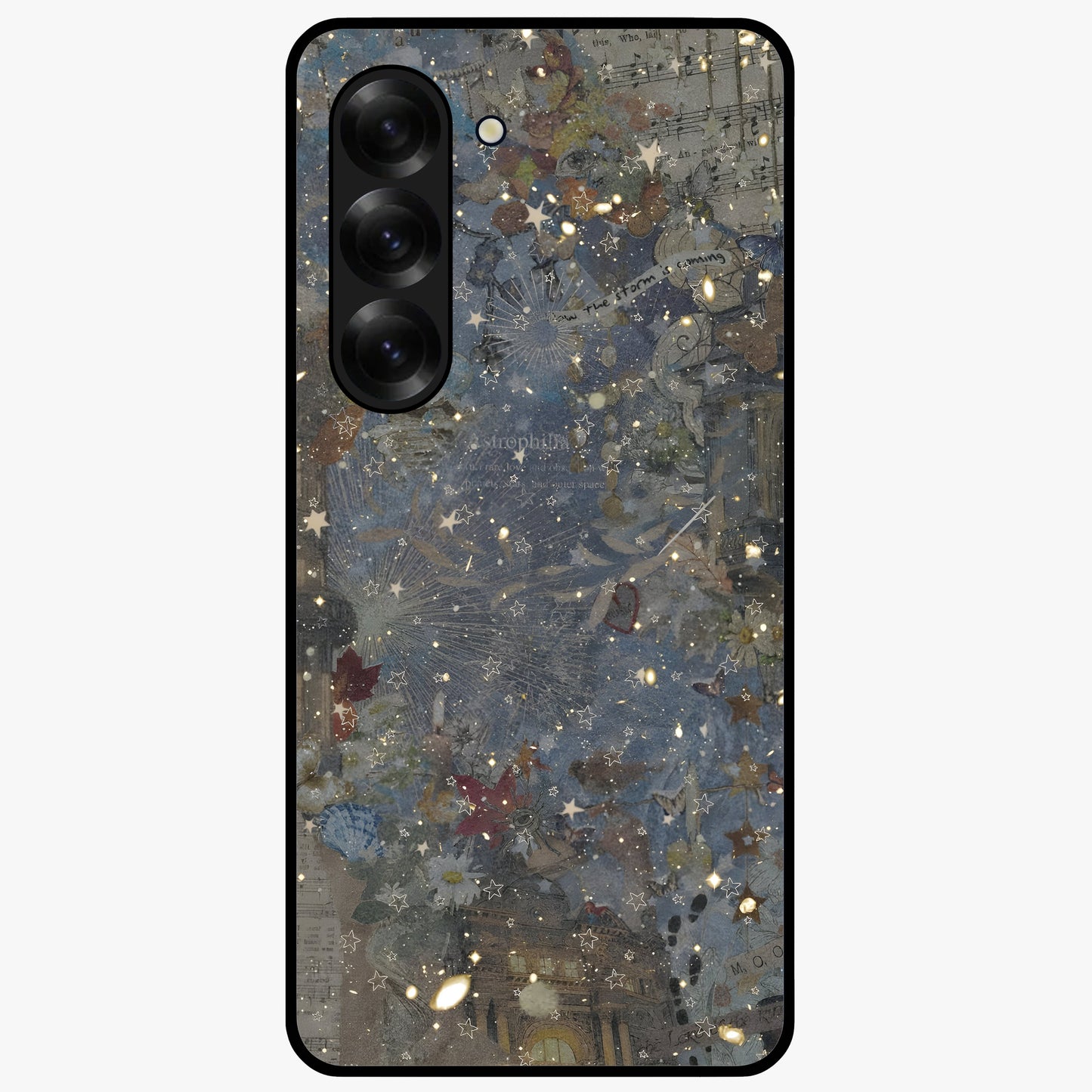 Aesthetic Astrolophia Glass Case showing flat back view with dreamy aesthetic design and glossy glass finish.