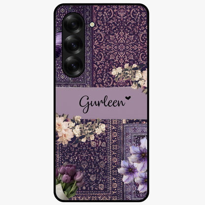 Antique Floral Whisper Custom Name Glass Case showing flat back view with vintage floral artwork and personalized name design.