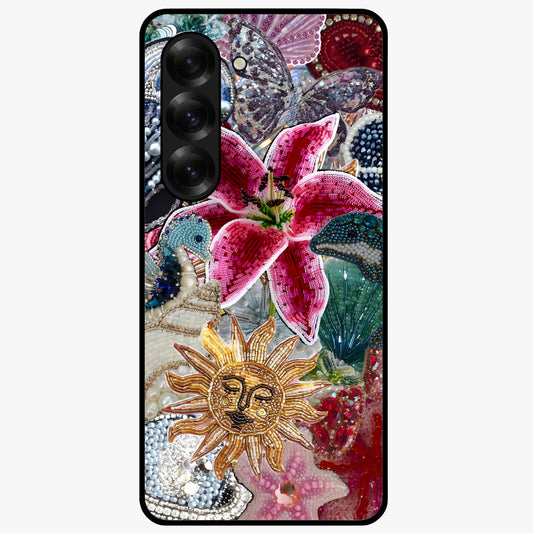 Beaded Garden Fantasy Glass Case showing flat back view with dreamy garden bead artwork and glossy glass finish.