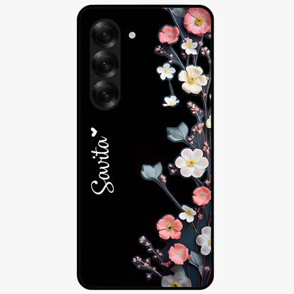 Black Elegance Floral Custom Name Glass Case showing flat back view with elegant floral artwork and personalized name design.