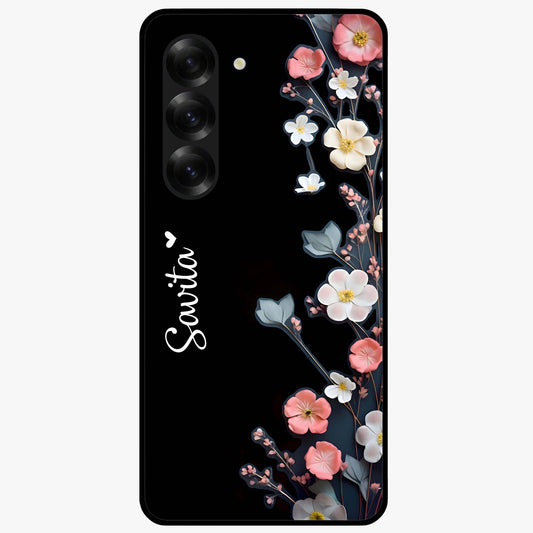 Black Elegance Floral Custom Name Glass Case showing flat back view with elegant floral artwork and personalized name design.