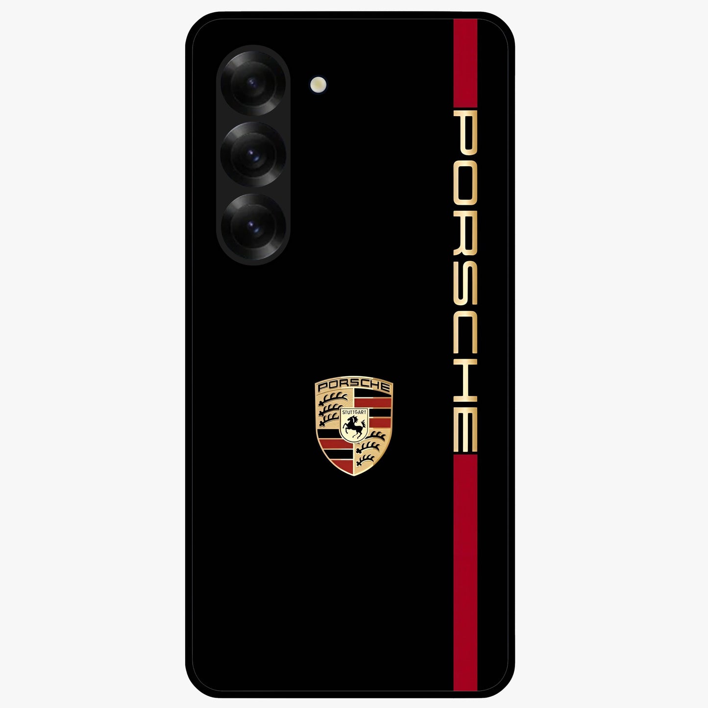 Black Minimal Porsche Glass Case showing flat back view with sleek minimal sports car artwork and glossy glass finish.