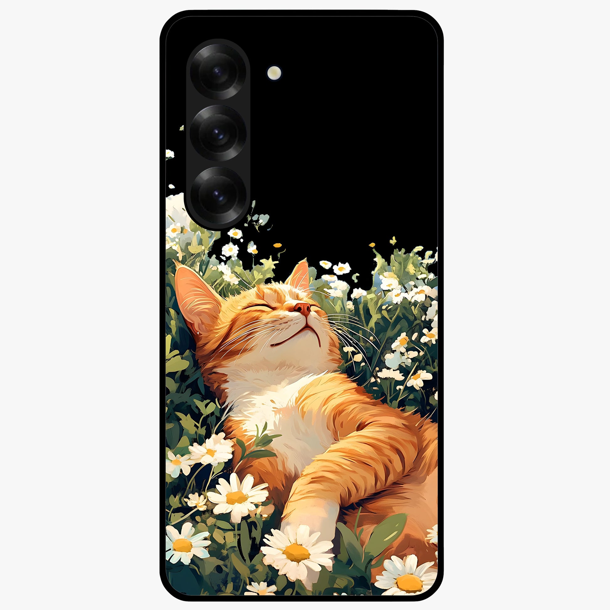 Blissful Bloom Cat Glass Case showing flat back view with cute cat and floral bloom artwork and glossy glass finish.