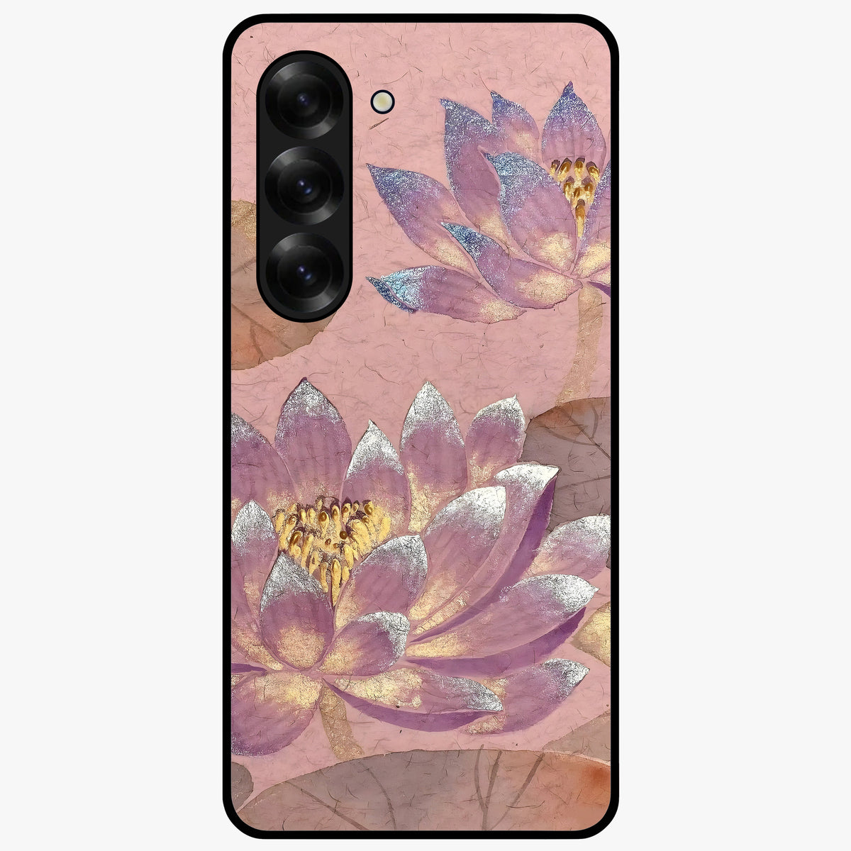 Blossom Mist Lotus Glass Case showing flat back view with serene lotus blossom artwork and glossy glass finish.