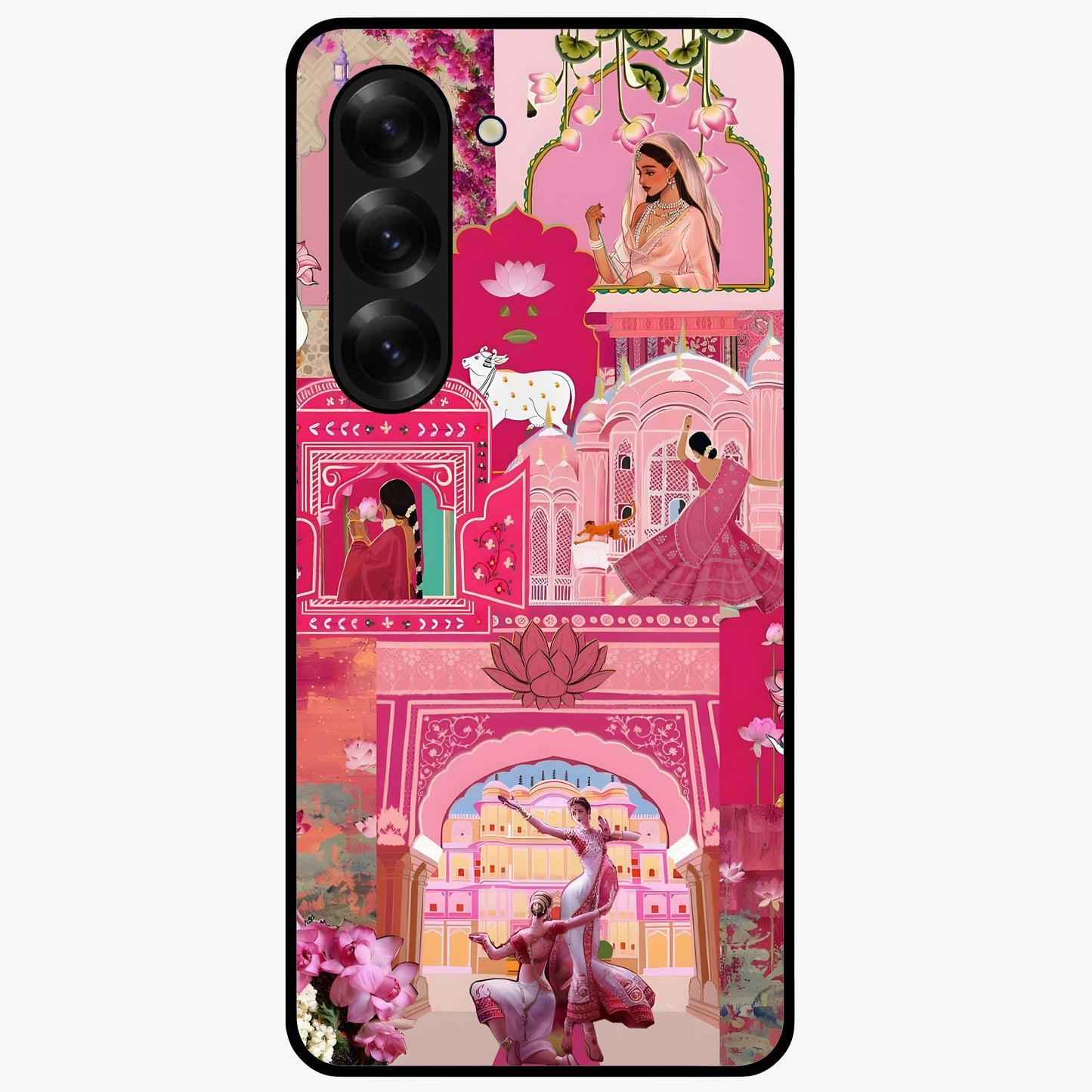 Blossoms of Rajasthan Glass Case showing flat back view with traditional floral artwork inspired by Rajasthan and glossy glass finish.