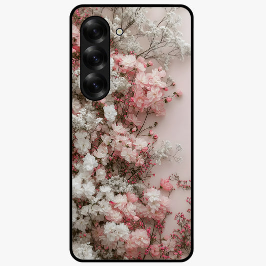 Blush Blossom Cloud Glass Case showing flat back view with dreamy blush cloud blossom artwork and glossy glass finish.