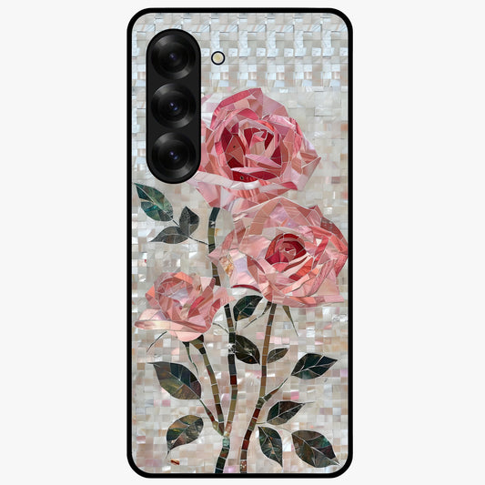 Blush Mosaic Bloom Glass Case showing flat back view with mosaic floral bloom artwork and glossy glass finish.