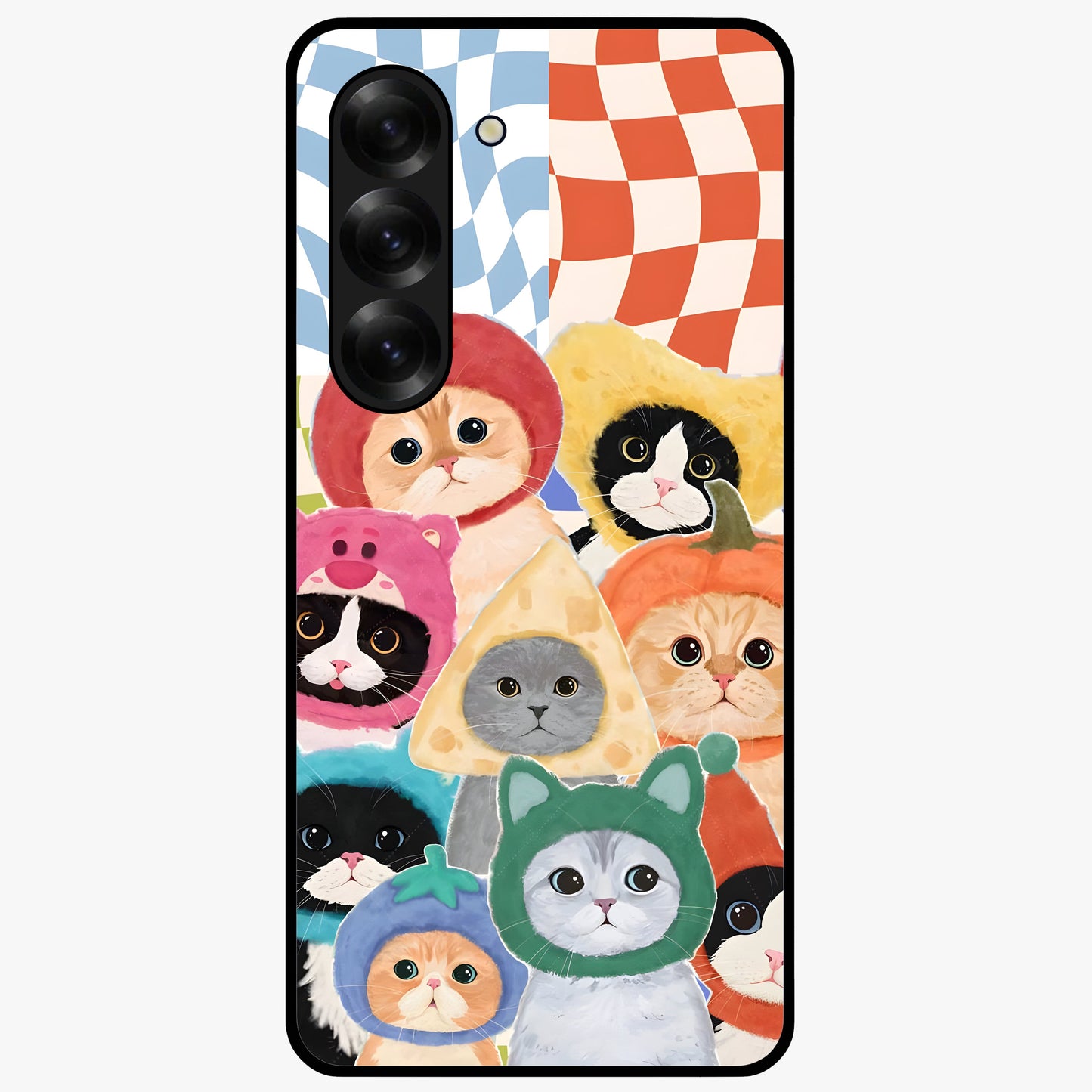 Cats in Fruits Glass Case showing flat back view with playful cat illustrations inside fruit artwork and glossy glass finish.