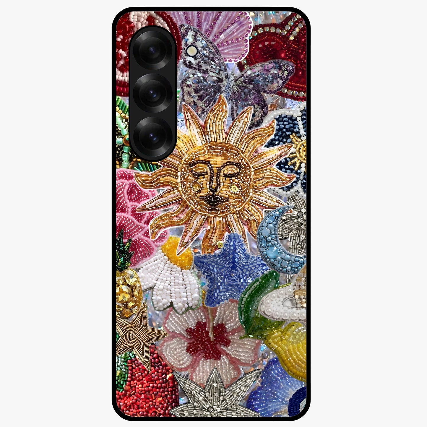 Celestial Floral and Playful Glass Case showing flat back view with floral and celestial themed artwork and glossy glass finish.