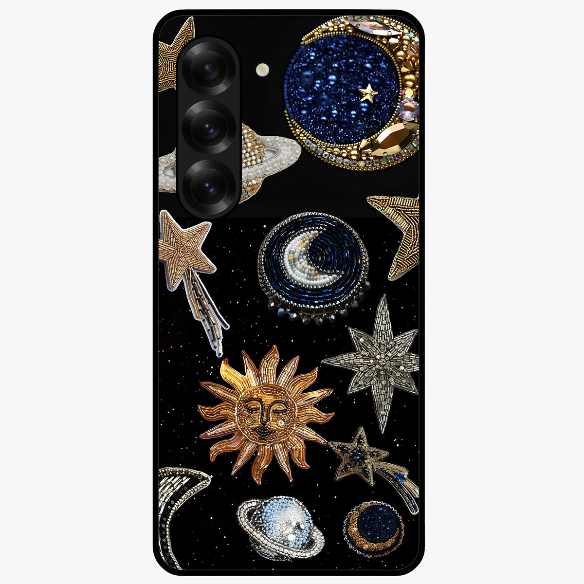 Celestial Gem Constellations Glass Case showing flat back view with sparkling constellation artwork and glossy glass finish.