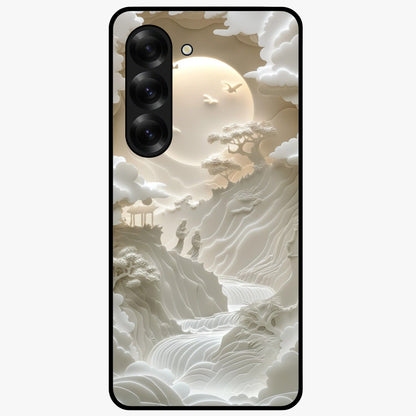 Celestial Origami Glass Case showing flat back view with artistic origami inspired celestial artwork and glossy glass finish.